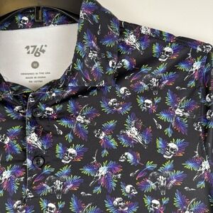 1764 Men's Golf Polo Black W/ Skulls & Rainbow Palms Size M